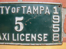 Load image into Gallery viewer, 1950s CITY OF TAMPA TAXI LICENSE 1957 1958 Embossed Metal Auto Truck Sign Plate
