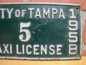 1950s CITY OF TAMPA TAXI LICENSE 1957 1958 Embossed Metal Auto Truck Sign Plate
