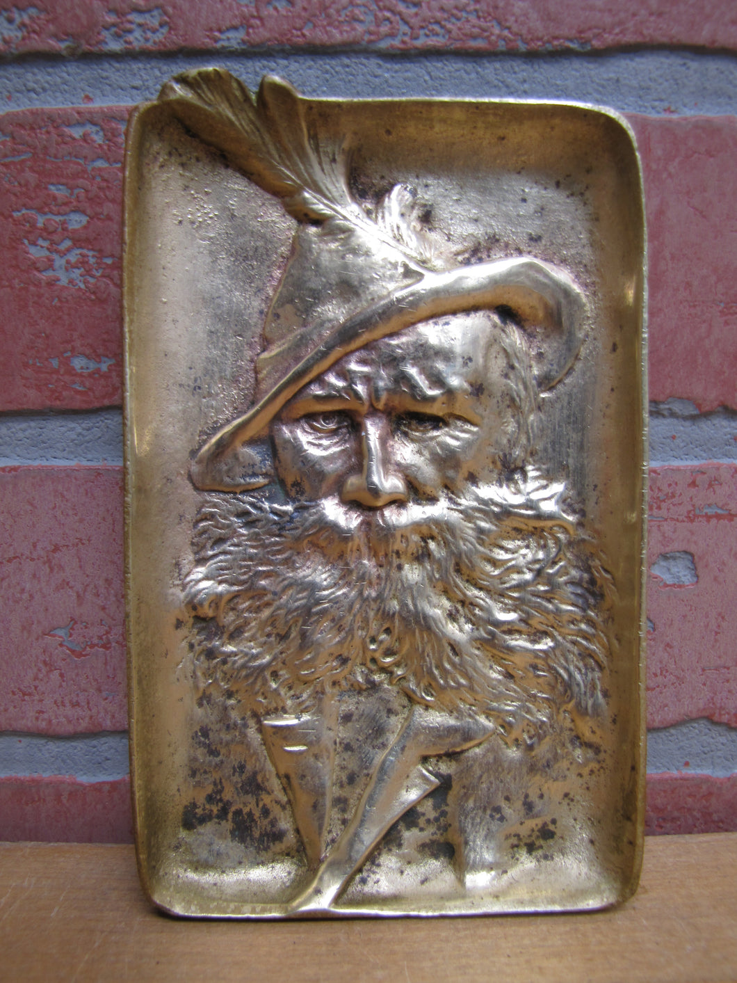 Bearded Gentleman Feather in Hat Antique Brass Tray Ashtray Card Cigar Tip Ring