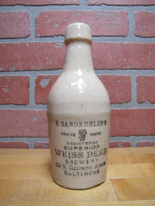 F SANDKUHLER'S SUPERIOR WEISS BEER BREWERY BALTIMORE Antique Stoneware Bottle Md