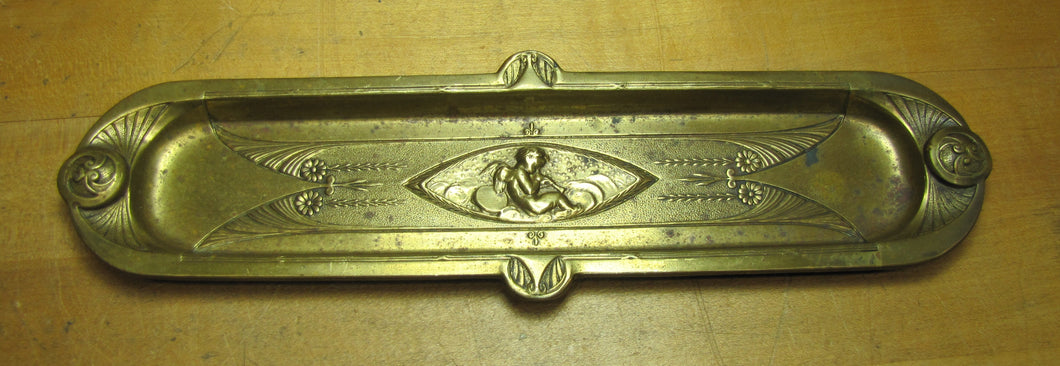 Cherub Flowers Antique Brass Decorative Arts Tray Business Card Desk Pen Trinket