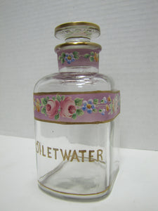 TOILET WATER Antique Perfume Glass Bottle Hand Painted Ornate Detailing Flowers