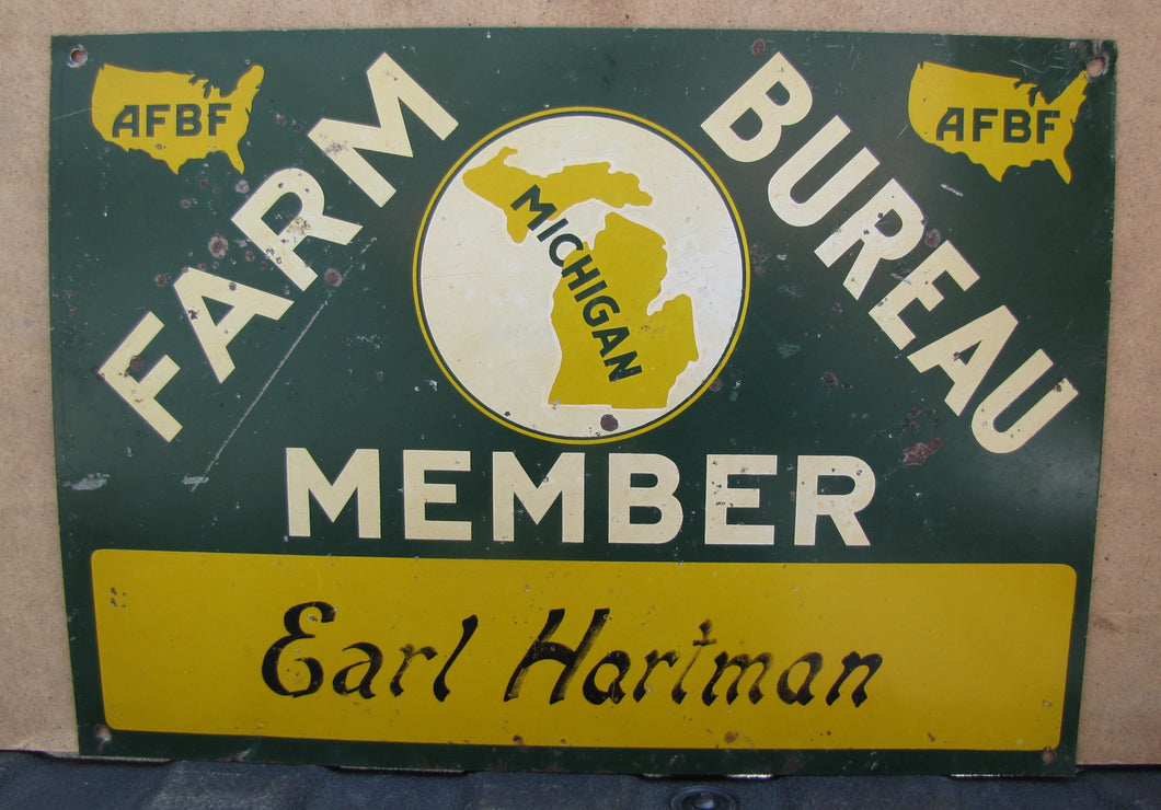 MICHIGAN FARM BUREAU MEMBER AFBF Original Old Advertising Sign Earl Hartman