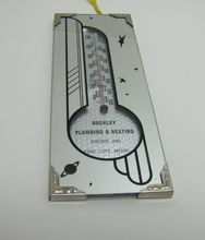 Load image into Gallery viewer, BUCKLEY PLUMBING &amp; HEATING PINE CITY MINN Old Ad Thermometer Mirrored Space Age
