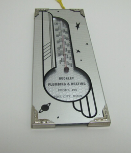 BUCKLEY PLUMBING & HEATING PINE CITY MINN Old Ad Thermometer Mirrored Space Age