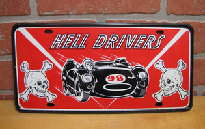 HELL DRIVERS STUNT CAR SHOW SKULLS CROSSBONES 1960s Souvenir Sign Vanity Plate