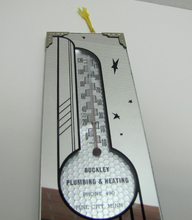 Load image into Gallery viewer, BUCKLEY PLUMBING &amp; HEATING PINE CITY MINN Old Ad Thermometer Mirrored Space Age
