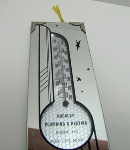 BUCKLEY PLUMBING & HEATING PINE CITY MINN Old Ad Thermometer Mirrored Space Age