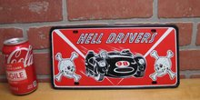 Load image into Gallery viewer, HELL DRIVERS STUNT CAR SHOW SKULLS CROSSBONES 1960s Souvenir Sign Vanity Plate
