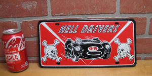 HELL DRIVERS STUNT CAR SHOW SKULLS CROSSBONES 1960s Souvenir Sign Vanity Plate