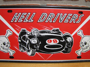 HELL DRIVERS STUNT CAR SHOW SKULLS CROSSBONES 1960s Souvenir Sign Vanity Plate