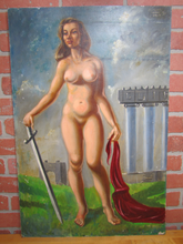 Load image into Gallery viewer, 1950s Nude Gladiatrix Warrior Beautiful Woman Art Painting 24x30 Masonite Board Edmund Guido Hauff &#39;57
