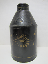 Load image into Gallery viewer, BLISS PATENT 1851 Antique Tin Toleware Container Jar with Lid Gold Paint Detail
