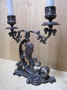 Antique Lion Decorative Art Silver Plate Double Candlestick Holder Candelabrum