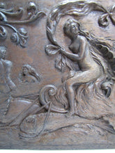 Load image into Gallery viewer, Antique Art Nouveau Nude Maiden Dauphin Fish Cherub Wood Carved Art Plaque exq
