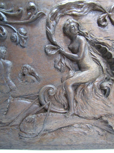 Antique Art Nouveau Nude Maiden Dauphin Fish Cherub Wood Carved Art Plaque exq