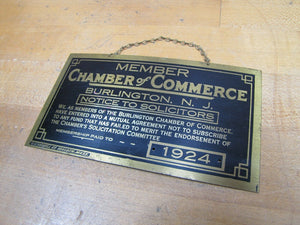 1924 BURLINGTON NJ NOTICE TO SOLICITORS CHAMBER of COMMERCE Old Brass Ad Sign