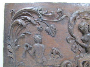 Antique Art Nouveau Nude Maiden Dauphin Fish Cherub Wood Carved Art Plaque exq