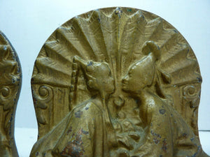 Art Deco Asian Couple Kissing Cast Iron Bookends Original Old Gold Paint