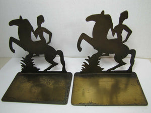 Orig Old Art Deco Stylized Horse Rider Bookends cast iron brass bronze wash mod