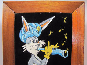 Vtg BUGS BUNNY SWAMI Flute Oil on Velvet Painting wood framed artwork