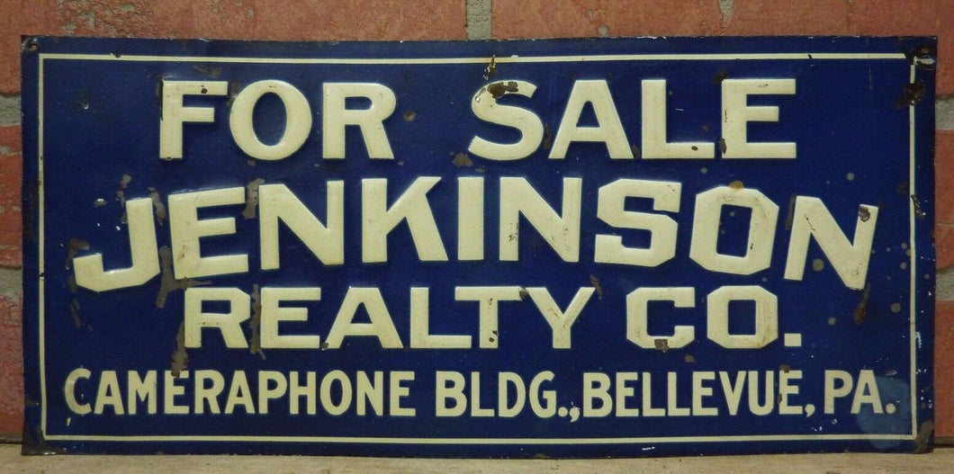 JENKINSON REALTY Co CAMERAPHONE Bldg BELLEVUE PA Old Embossed Tin Ad Sign