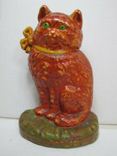 Load image into Gallery viewer, Old Cast Iron Cat Doorstop orange green eyed kitten detailed door stopper
