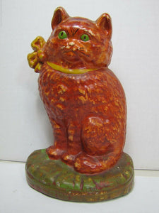 Old Cast Iron Cat Doorstop orange green eyed kitten detailed door stopper