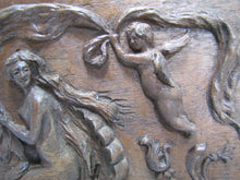 Load image into Gallery viewer, Antique Art Nouveau Nude Maiden Dauphin Fish Cherub Wood Carved Art Plaque exq
