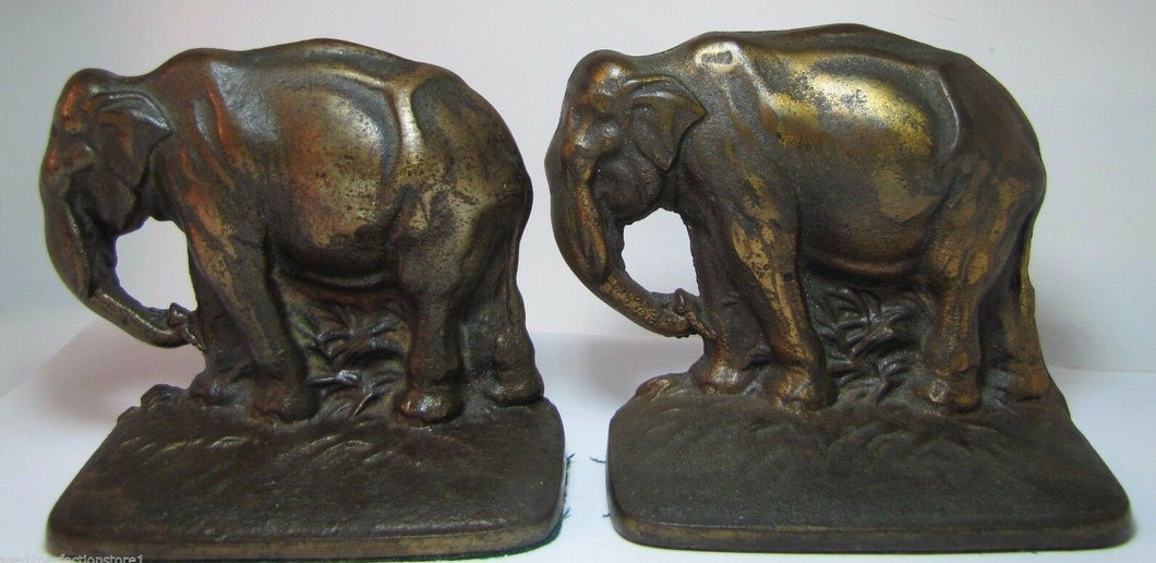 Grazing Elephants Bookends Old Cast Iron Pair Bronze Wash High Relief Detailed