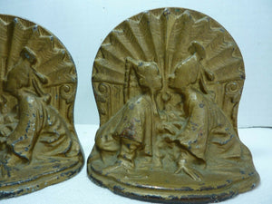 Art Deco Asian Couple Kissing Cast Iron Bookends Original Old Gold Paint