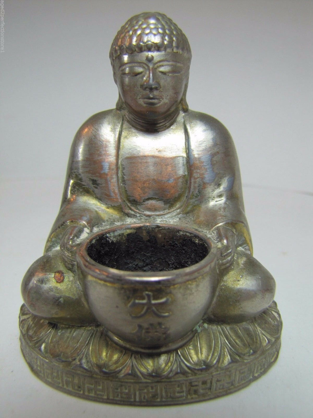 BUDDHA Old Incense Burner SWIRLING LOGS GOOD LUCK Ornate Silver Nickel Plate