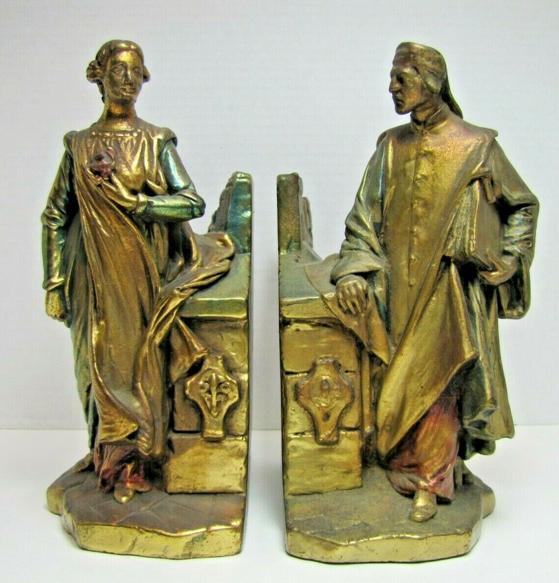 Antique Bronze Clad Dante Beatrice Bookends Decorative Art Statues 1915