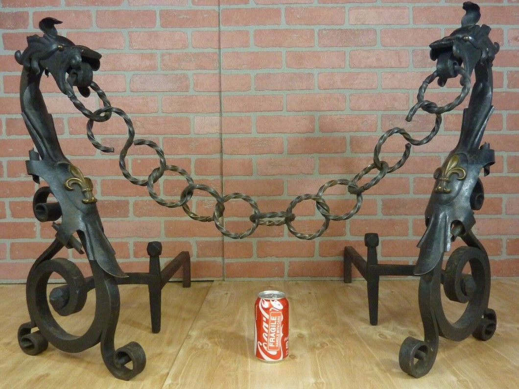 Wrought Iron Gothic Dragon Andirons Large Decorative Arts Pair Brass Eyes Ornate