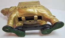 Load image into Gallery viewer, Old Cast Iron Elephant Cigarette Dispenser &#39;pat pend&#39; tail roller orig gold blk
