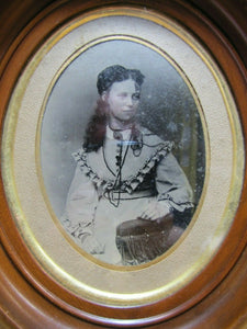 Antique Oval Wooden Frame Thick Detailed Prarie Girl Western Americana Maiden