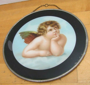 Antique Cherub in Clouds Decorative Arts Reverse Under Glass Design Top Chain