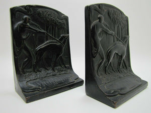 Huntress Greyhounds Whippets Forest Antique Bronze Clad Decorative Art Bookends