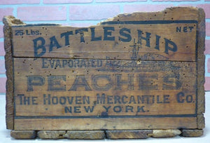 BATTLESHIP PEACHES Antique Wooden Crate Sign Box HOOVEN MERCHANTILE Co NEW YORK
