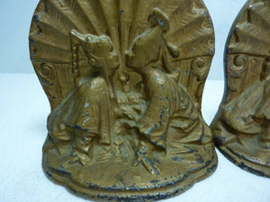 Art Deco Asian Couple Kissing Cast Iron Bookends Original Old Gold Paint