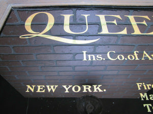 QUEEN INSURANCE CO OF AMERICA NEW YORK ROG Antique Advertising Sign Glass Wood