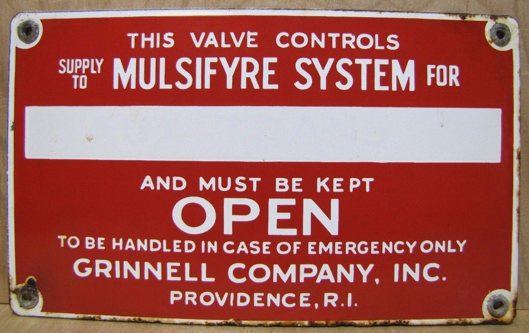 Old Porcelain MULSIFYRE System GRINNELL Co Providence RI Sign Industrial Fire