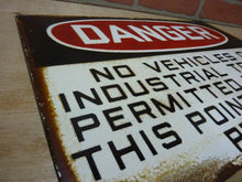 Load image into Gallery viewer, DANGER NO VEHICLES OR INDUSTRIAL TRUCKS BEYOND THIS POINT Old Porcelain Safety Sign
