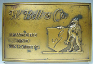 W BELL & Co JEWELRY AND FINE GIFTS Old Solid Brass Store Plaque Ad Sign Griffin