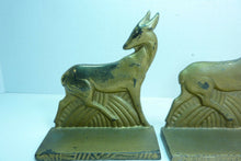 Load image into Gallery viewer, Antique Art Deco Cast Iron Antelope Deer Bookends original old gold book ends
