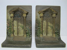 Load image into Gallery viewer, BRADLEY HUBBARD B&amp;H COLONIAL DOOR Antique Bookends Cast Iron Old Paint Ornate
