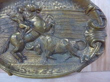 Load image into Gallery viewer, Old Brass Matador on Horseback Bull Card Tip Trinket Tray High Relief Ornate
