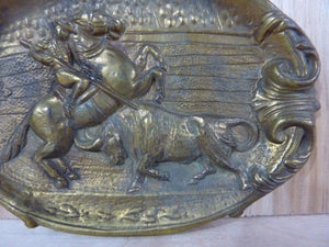 Old Brass Matador on Horseback Bull Card Tip Trinket Tray High Relief Ornate