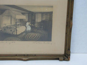 Antique Wallace Nutting 'A Touching Tale' Framed Interior Scene Titled Signed