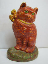 Load image into Gallery viewer, Old Cast Iron Cat Doorstop orange green eyed kitten detailed door stopper
